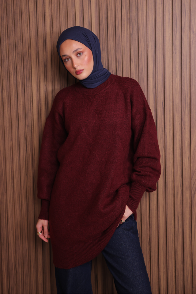 Balenbi Kadın Bisiklet Yaka Baklava Desen Yumoş Triko Tunik 1140 Standart - Bordo