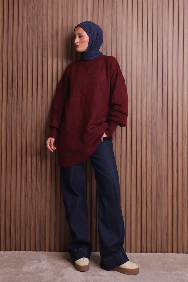 Balenbi Kadın Bisiklet Yaka Baklava Desen Yumoş Triko Tunik 1140 Standart - Bordo