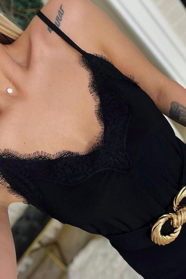 Balenbi Kadın Dantel Detaylı İp Askılı Sandy Bluz 1070 L - Siyah