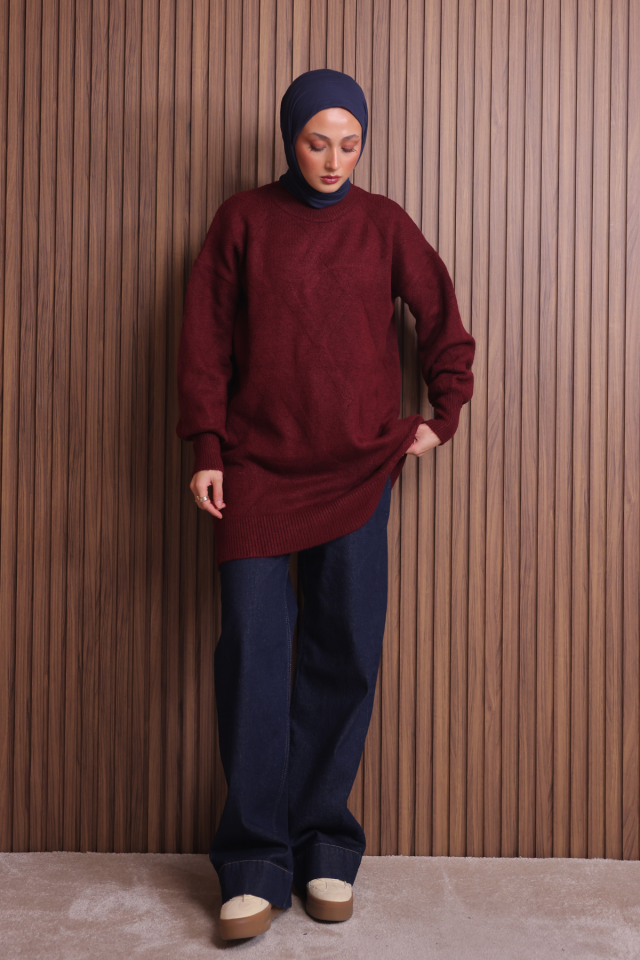 Balenbi Kadın Bisiklet Yaka Baklava Desen Yumoş Triko Tunik 1140 Standart - Bordo