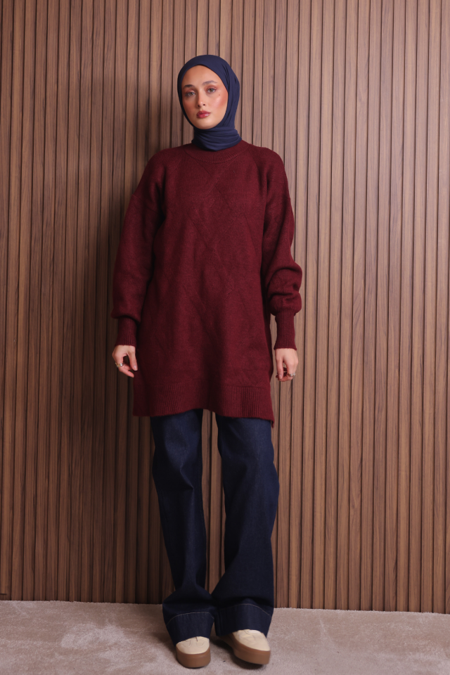 Balenbi Kadın Bisiklet Yaka Baklava Desen Yumoş Triko Tunik 1140 Standart - Bordo