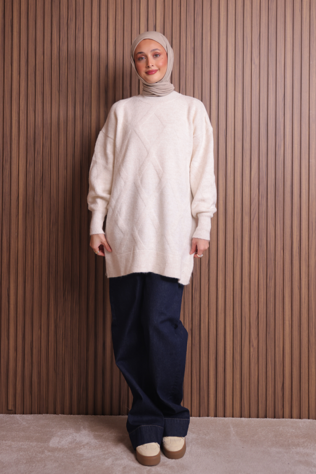 Balenbi Kadın Bisiklet Yaka Baklava Desen Yumoş Triko Tunik 1140 Standart - Ekru