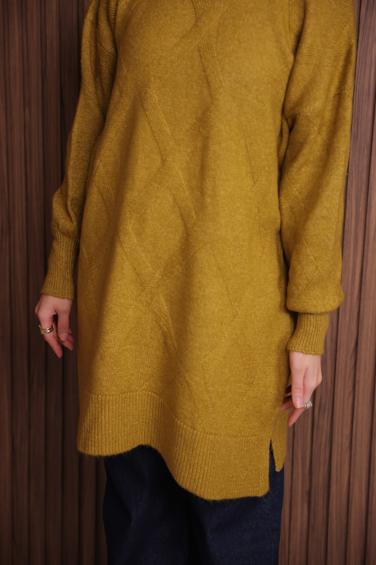 Balenbi Kadın Bisiklet Yaka Baklava Desen Yumoş Triko Tunik 1140 Standart - Hardal