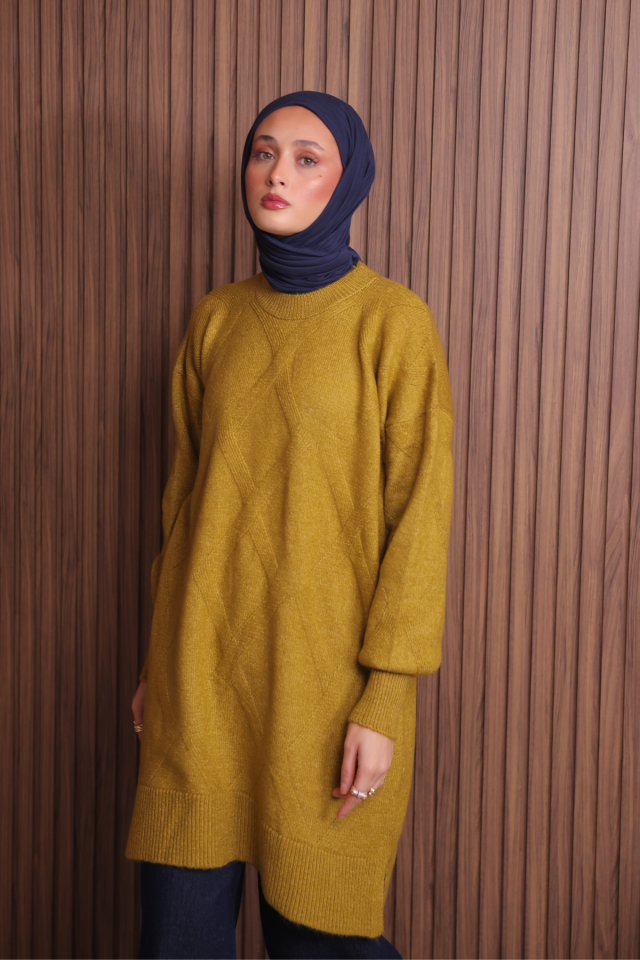 Balenbi Kadın Bisiklet Yaka Baklava Desen Yumoş Triko Tunik 1140 Standart - Hardal