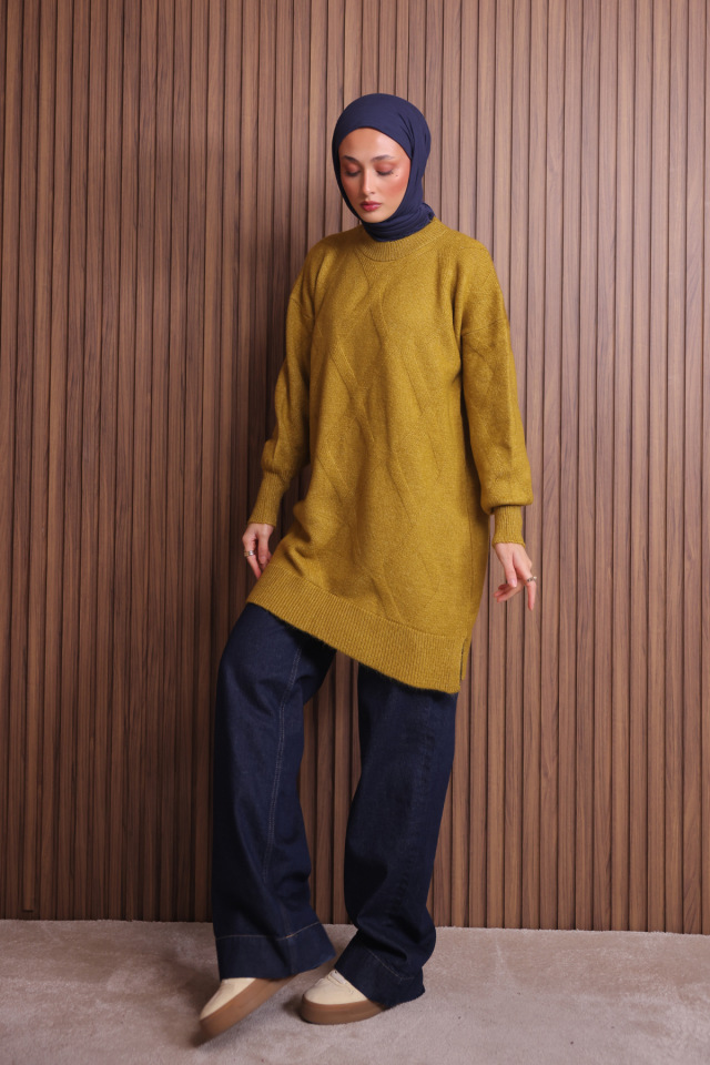 Balenbi Kadın Bisiklet Yaka Baklava Desen Yumoş Triko Tunik 1140 Standart - Hardal