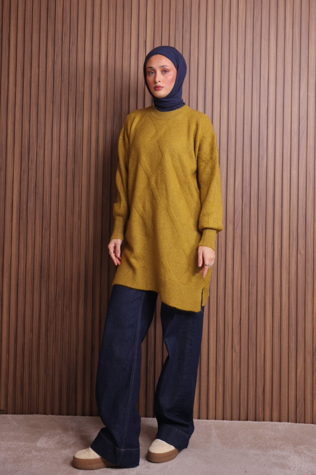 Balenbi Kadın Bisiklet Yaka Baklava Desen Yumoş Triko Tunik 1140 Standart - Hardal