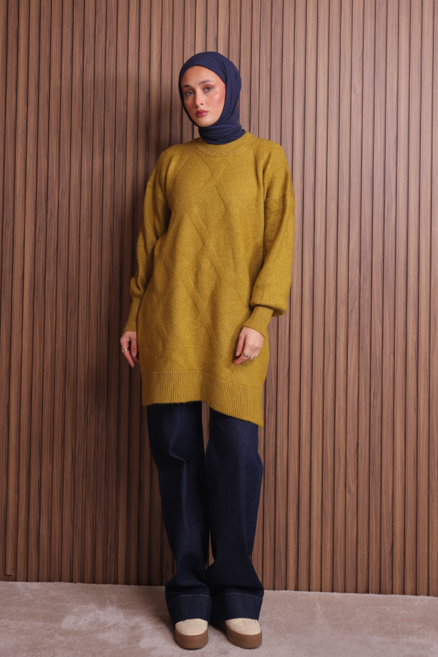 Balenbi Kadın Bisiklet Yaka Baklava Desen Yumoş Triko Tunik 1140 Standart - Hardal