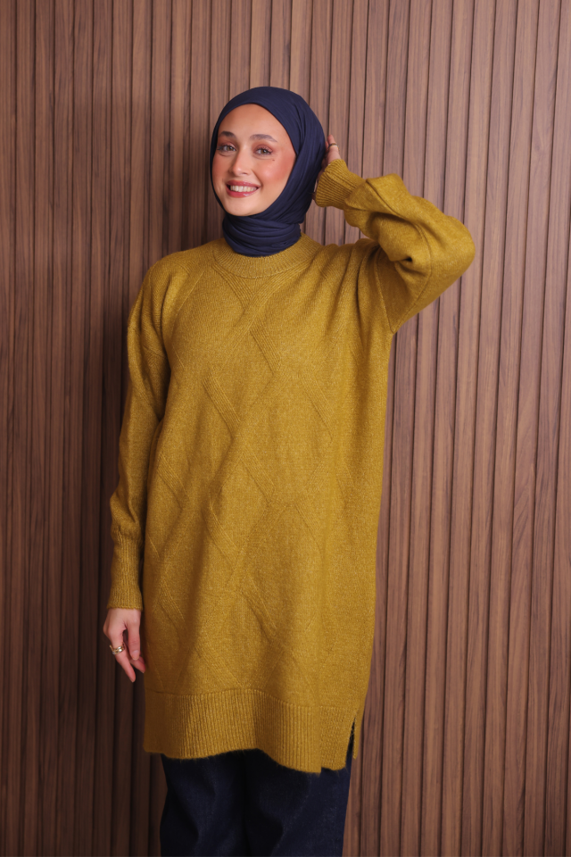 Balenbi Kadın Bisiklet Yaka Baklava Desen Yumoş Triko Tunik 1140 Standart - Hardal