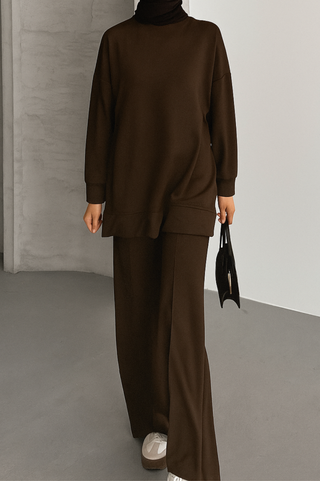 Feela Moda Kadın Oysh Modal Oversize Tesettür Tunik Takım 2020 L - Kahverengi