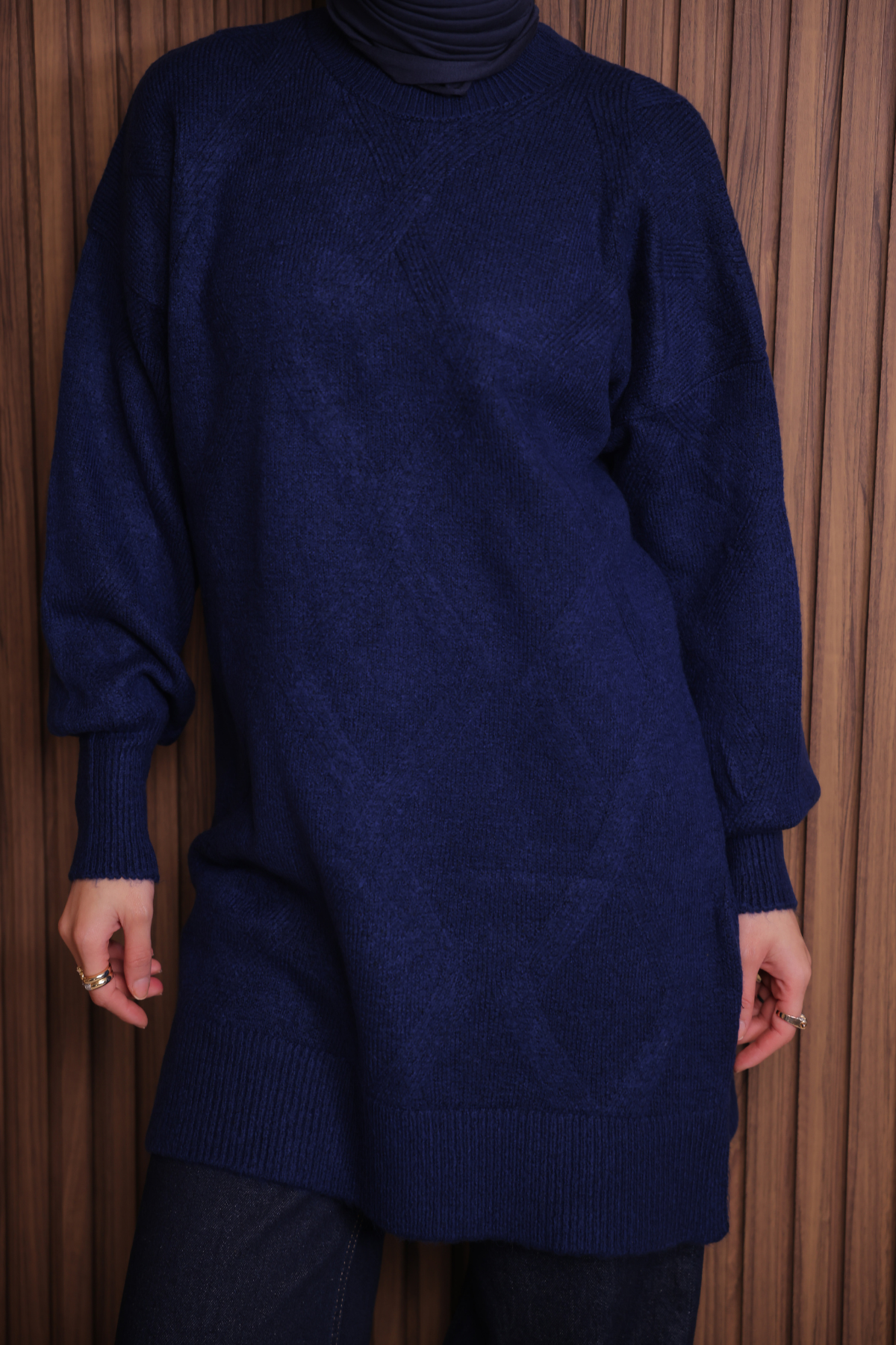 Balenbi Kadın Bisiklet Yaka Baklava Desen Yumoş Triko Tunik 1140 Standart - Lacivert