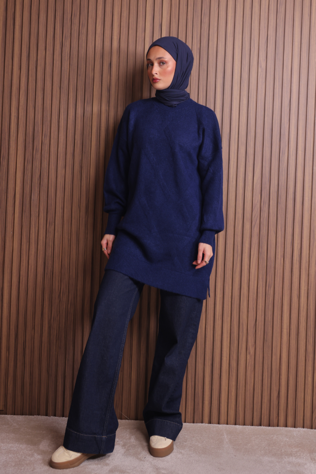 Balenbi Kadın Bisiklet Yaka Baklava Desen Yumoş Triko Tunik 1140 Standart - Lacivert