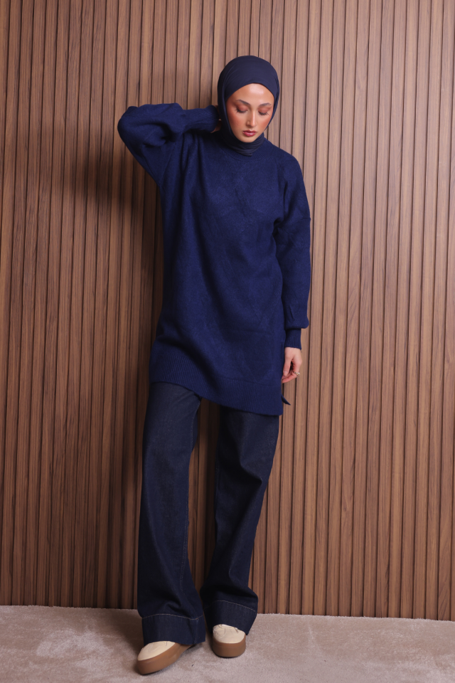 Balenbi Kadın Bisiklet Yaka Baklava Desen Yumoş Triko Tunik 1140 Standart - Lacivert