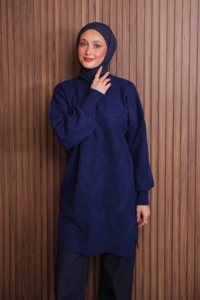 Balenbi Kadın Bisiklet Yaka Baklava Desen Yumoş Triko Tunik 1140 Lacivert - Standart