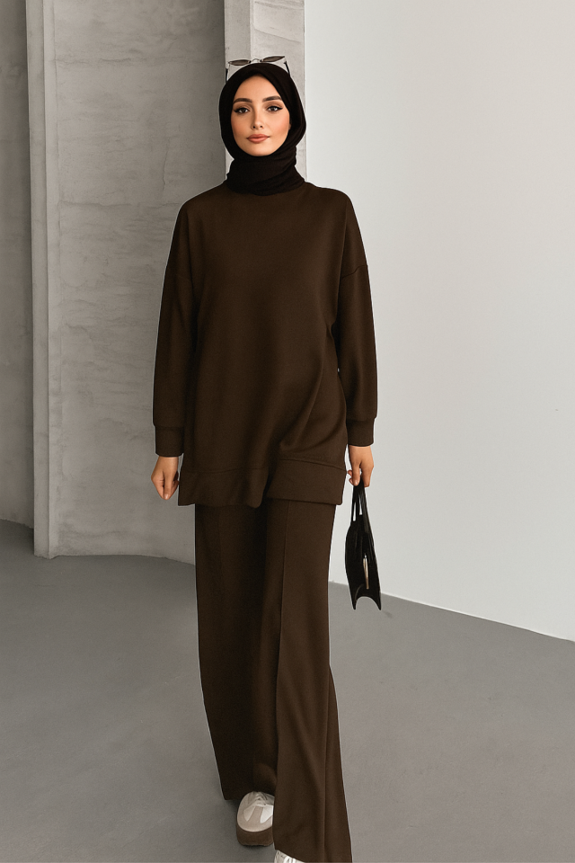 Feela Moda Kadın Oysh Modal Oversize Tesettür Tunik Takım 2020 2XL - Kahverengi