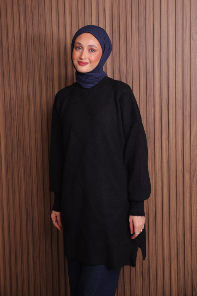 Balenbi Kadın Bisiklet Yaka Baklava Desen Yumoş Triko Tunik 1140 Standart - Siyah