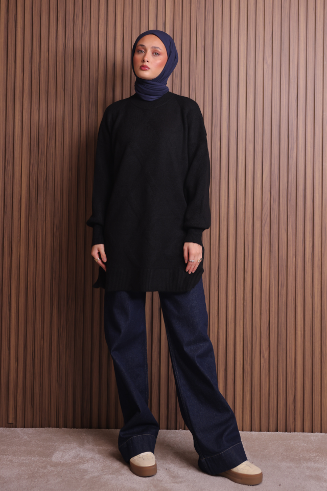 Balenbi Kadın Bisiklet Yaka Baklava Desen Yumoş Triko Tunik 1140 Standart - Siyah