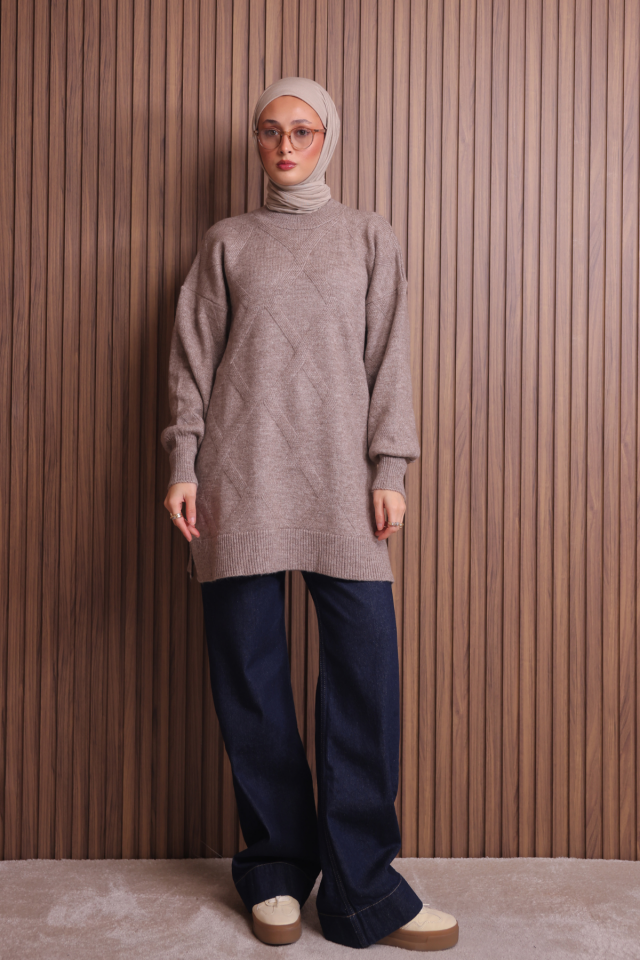 Balenbi Kadın Bisiklet Yaka Baklava Desen Yumoş Triko Tunik 1140 Standart - Vizon