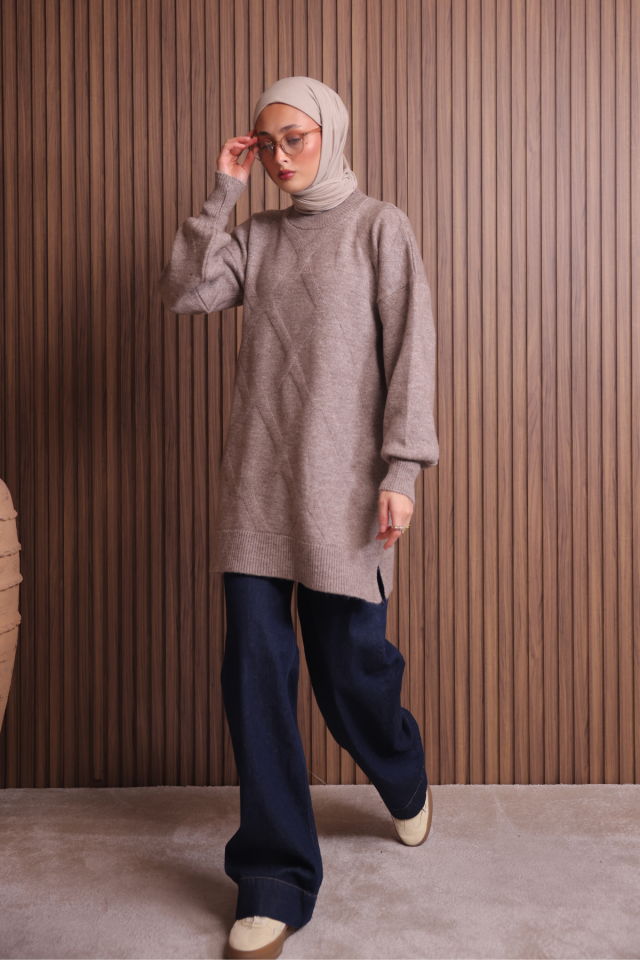 Balenbi Kadın Bisiklet Yaka Baklava Desen Yumoş Triko Tunik 1140 Standart - Vizon