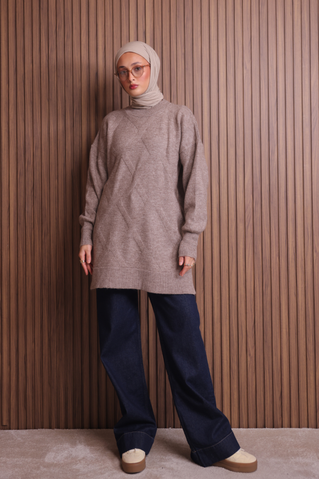 Balenbi Kadın Bisiklet Yaka Baklava Desen Yumoş Triko Tunik 1140 Standart - Vizon