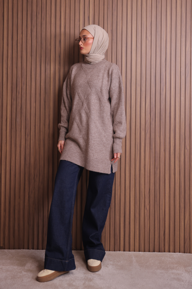 Balenbi Kadın Bisiklet Yaka Baklava Desen Yumoş Triko Tunik 1140 Standart - Vizon