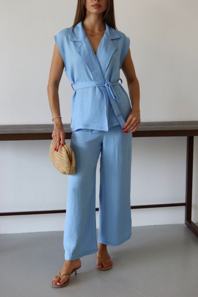 Balenbi Kadın Kuşaklı Yelek Palazzo Keten Karışımlı Dokuma Takım 1097 Bebe Mavi - L