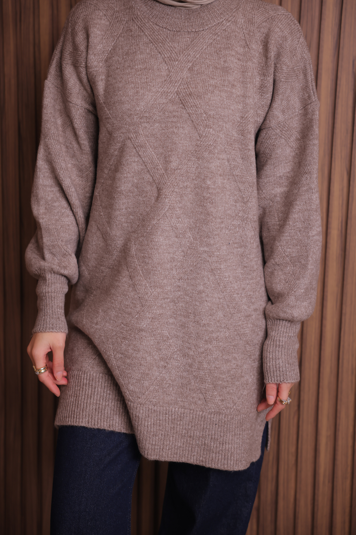 Balenbi Kadın Bisiklet Yaka Baklava Desen Yumoş Triko Tunik 1140 Standart - Vizon