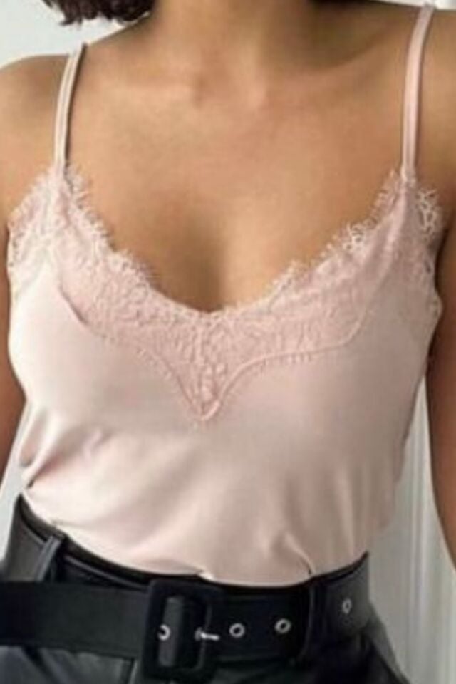 Balenbi Kadın Dantel Detaylı İp Askılı Sandy Bluz 1070 M - Pudra