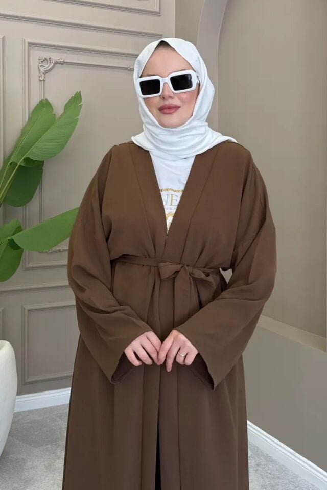 Balenbi Kadın Kuşaklı Kimono Hırka Bol Paça Pantolon Takım Tesettür 2'li Kombin 1230 Standart - Kahverengi