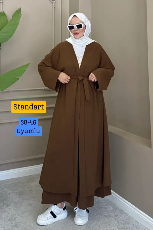 Balenbi Kadın Kuşaklı Kimono Hırka Bol Paça Pantolon Takım Tesettür 2'li Kombin 1230 Standart - Kahverengi