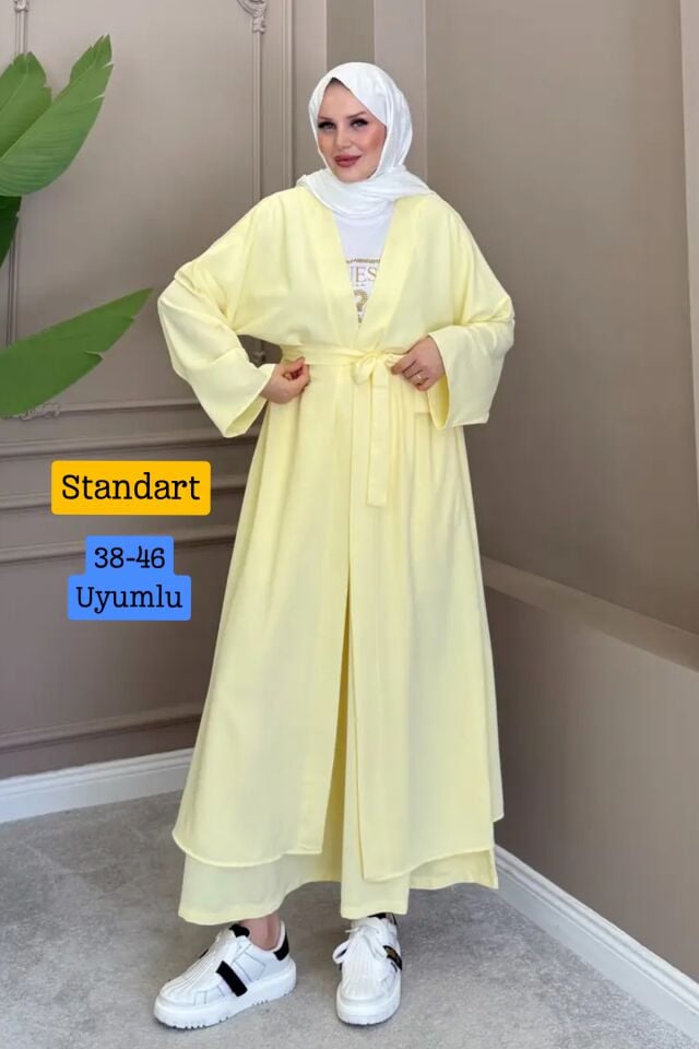 Balenbi Kadın Kuşaklı Kimono Hırka Bol Paça Pantolon Takım Tesettür 2'li Kombin 1230 Standart - Sarı