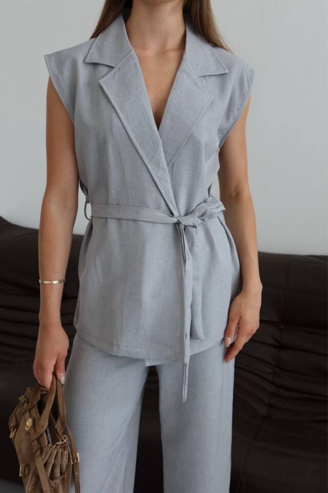 Balenbi Kadın Kuşaklı Yelek Palazzo Keten Karışımlı Dokuma Takım 1097 M - Gri