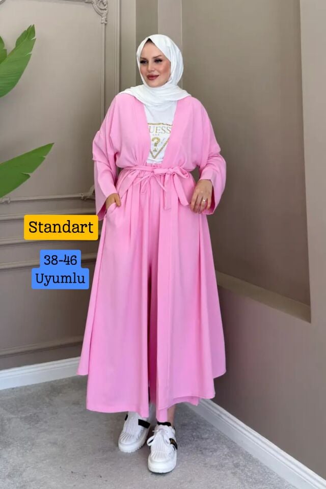 Balenbi Kadın Kuşaklı Kimono Hırka Bol Paça Pantolon Takım Tesettür 2'li Kombin 1230 Standart - Pembe