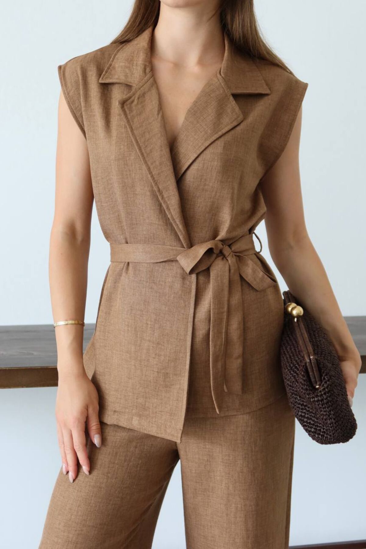 Balenbi Kadın Kuşaklı Yelek Palazzo Keten Karışımlı Dokuma Takım 1097 M - Kahverengi