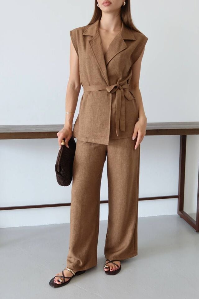 Balenbi Kadın Kuşaklı Yelek Palazzo Keten Karışımlı Dokuma Takım 1097 Kahverengi - M