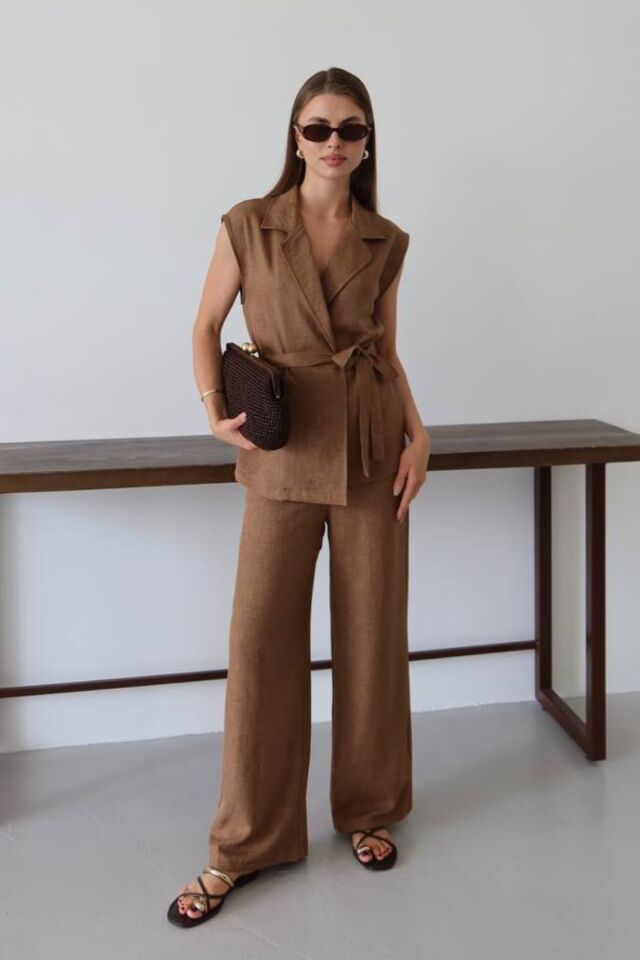 Balenbi Kadın Kuşaklı Yelek Palazzo Keten Karışımlı Dokuma Takım 1097 M - Kahverengi