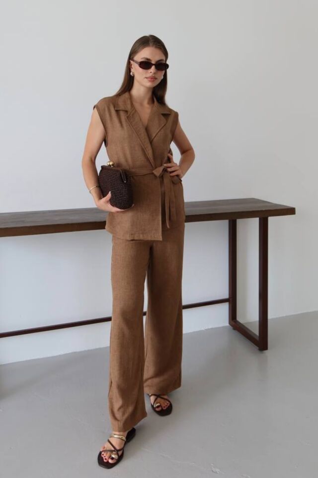 Balenbi Kadın Kuşaklı Yelek Palazzo Keten Karışımlı Dokuma Takım 1097 M - Kahverengi