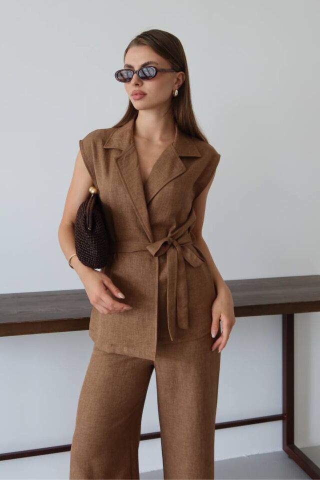 Balenbi Kadın Kuşaklı Yelek Palazzo Keten Karışımlı Dokuma Takım 1097 M - Kahverengi