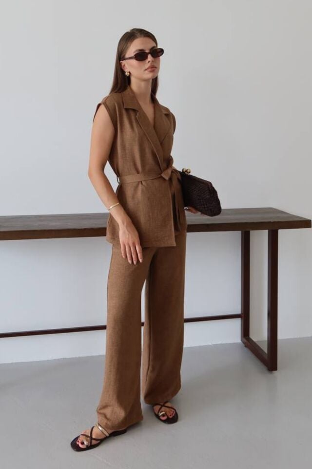 Balenbi Kadın Kuşaklı Yelek Palazzo Keten Karışımlı Dokuma Takım 1097 M - Kahverengi