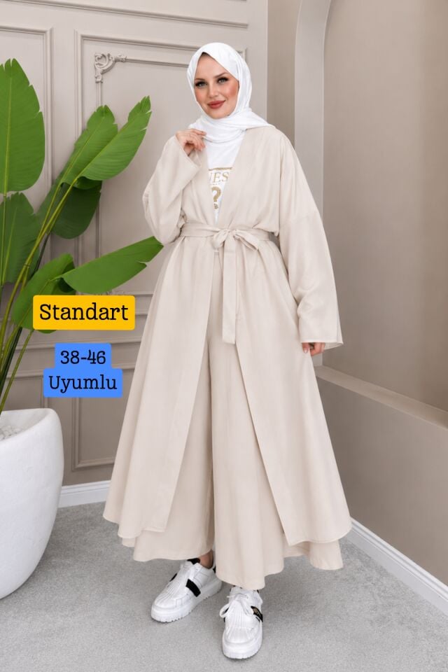 Balenbi Kadın Kuşaklı Kimono Hırka Bol Paça Pantolon Takım Tesettür 2'li Kombin 1230 Taş - Standart