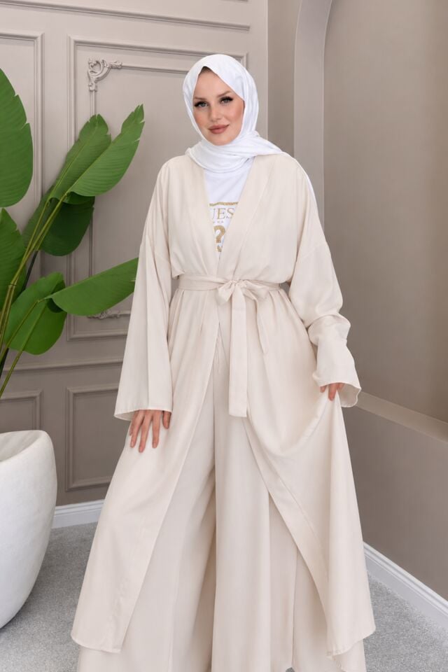 Balenbi Kadın Kuşaklı Kimono Hırka Bol Paça Pantolon Takım Tesettür 2'li Kombin 1230 Taş - Standart