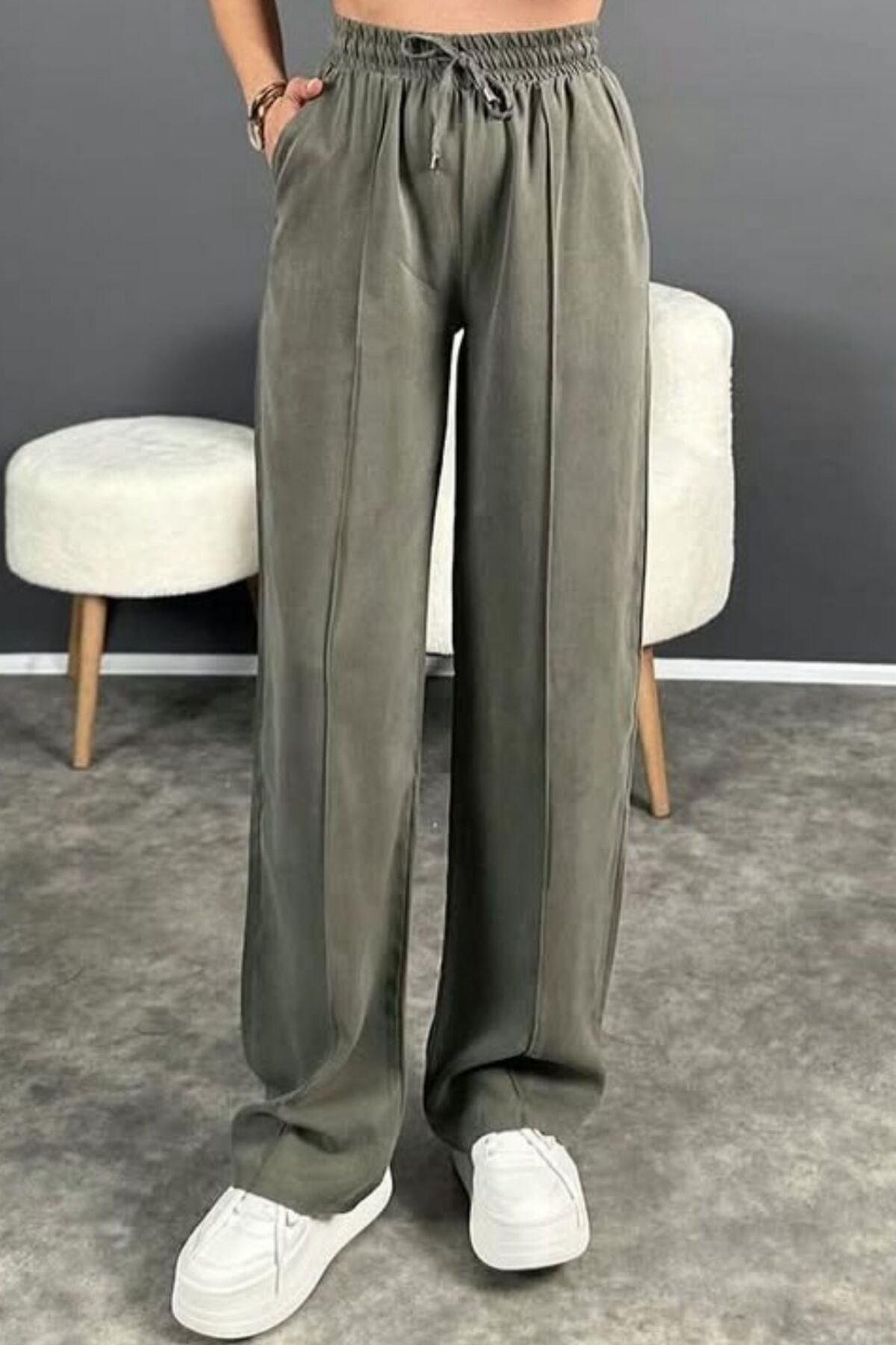 Feela Moda 2007 Bağcıklı Beli Lastikli Modal Çımalı Palazzo Kadın Pantolon 40 - Haki