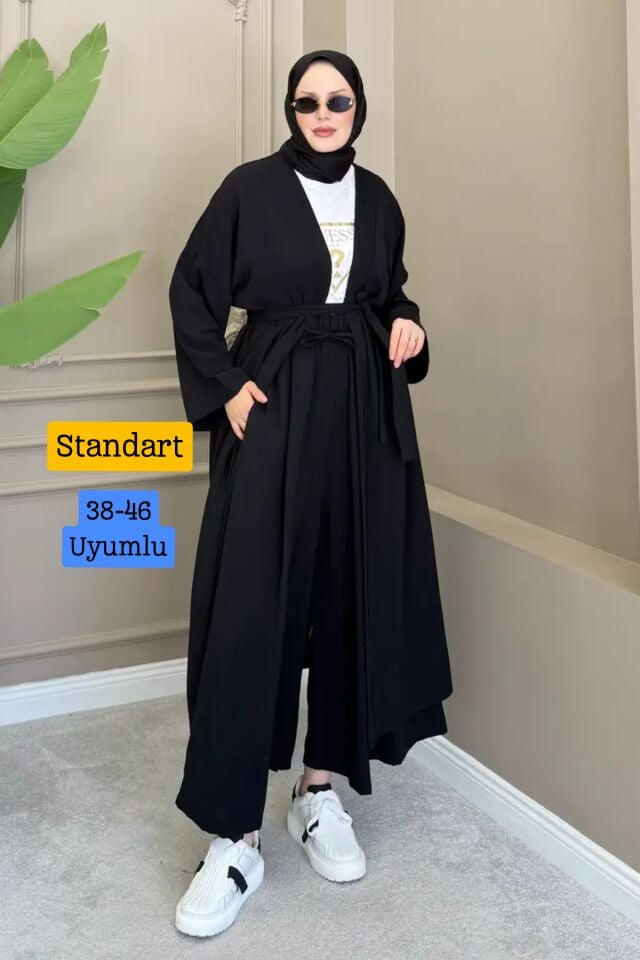 Balenbi Kadın Kuşaklı Kimono Hırka Bol Paça Pantolon Takım Tesettür 2'li Kombin 1230 Siyah - Standart