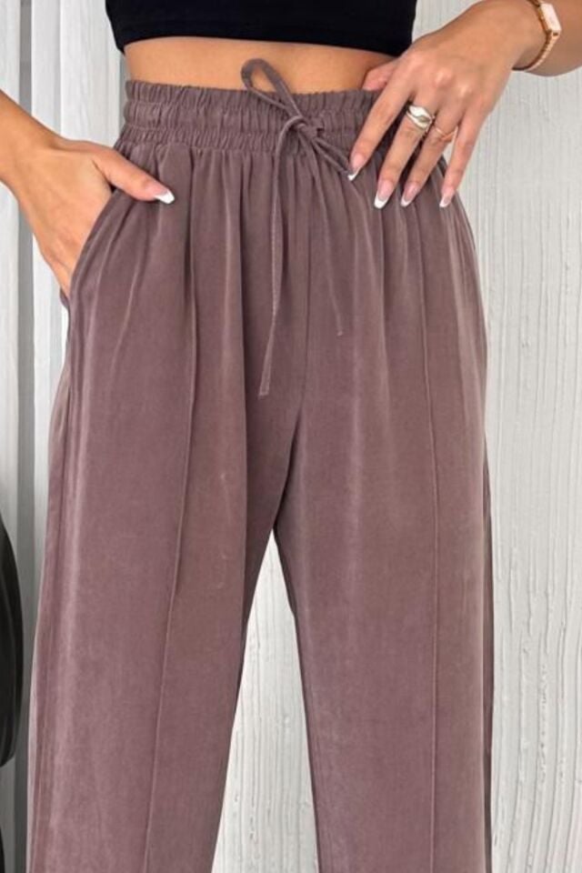 Feela Moda 2007 Bağcıklı Beli Lastikli Modal Çımalı Palazzo Kadın Pantolon 40 - Vizon