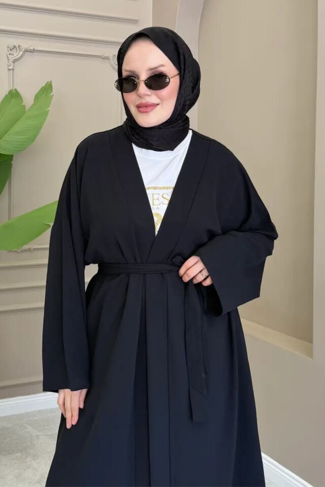 Balenbi Kadın Kuşaklı Kimono Hırka Bol Paça Pantolon Takım Tesettür 2'li Kombin 1230 Siyah - Standart