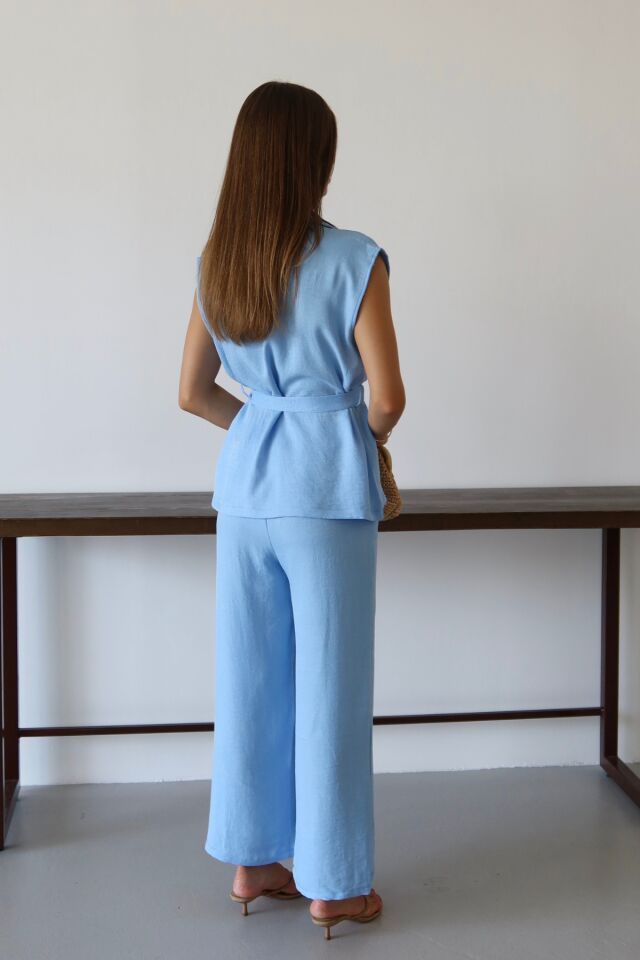 Balenbi Kadın Kuşaklı Yelek Palazzo Keten Karışımlı Dokuma Takım 1097 S - Bebe Mavi