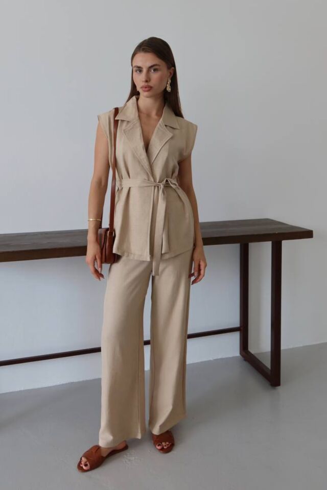 Balenbi Kadın Kuşaklı Yelek Palazzo Keten Karışımlı Dokuma Takım 1097 Bej - S