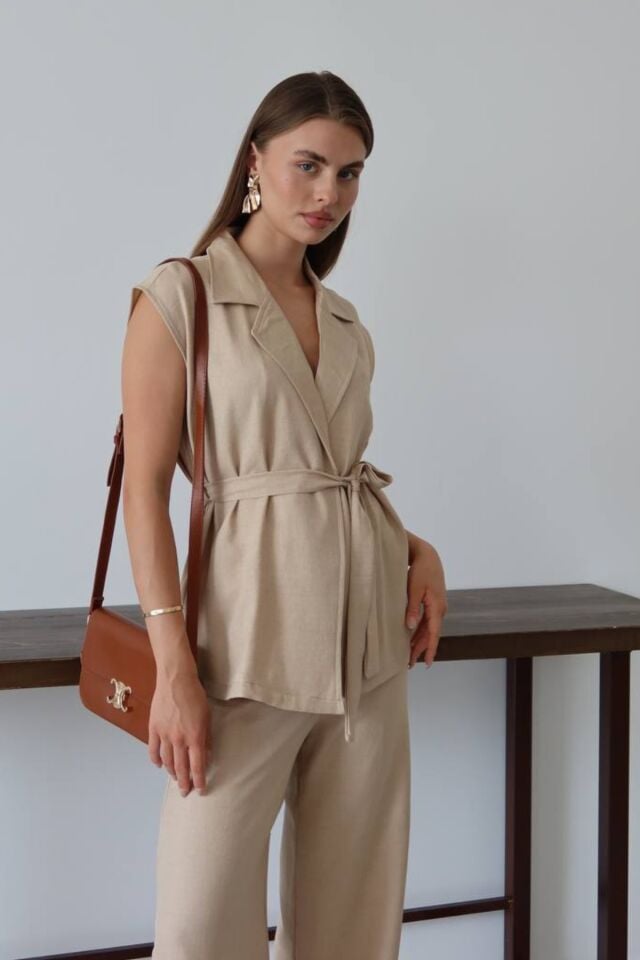 Balenbi Kadın Kuşaklı Yelek Palazzo Keten Karışımlı Dokuma Takım 1097 S - Bej