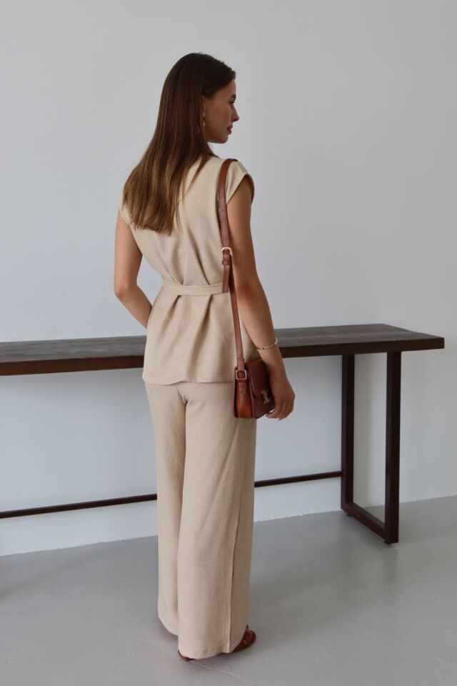 Balenbi Kadın Kuşaklı Yelek Palazzo Keten Karışımlı Dokuma Takım 1097 S - Bej