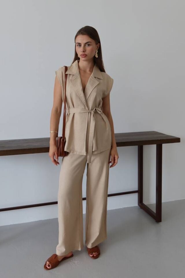Balenbi Kadın Kuşaklı Yelek Palazzo Keten Karışımlı Dokuma Takım 1097 S - Bej