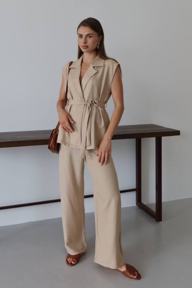 Balenbi Kadın Kuşaklı Yelek Palazzo Keten Karışımlı Dokuma Takım 1097 S - Bej
